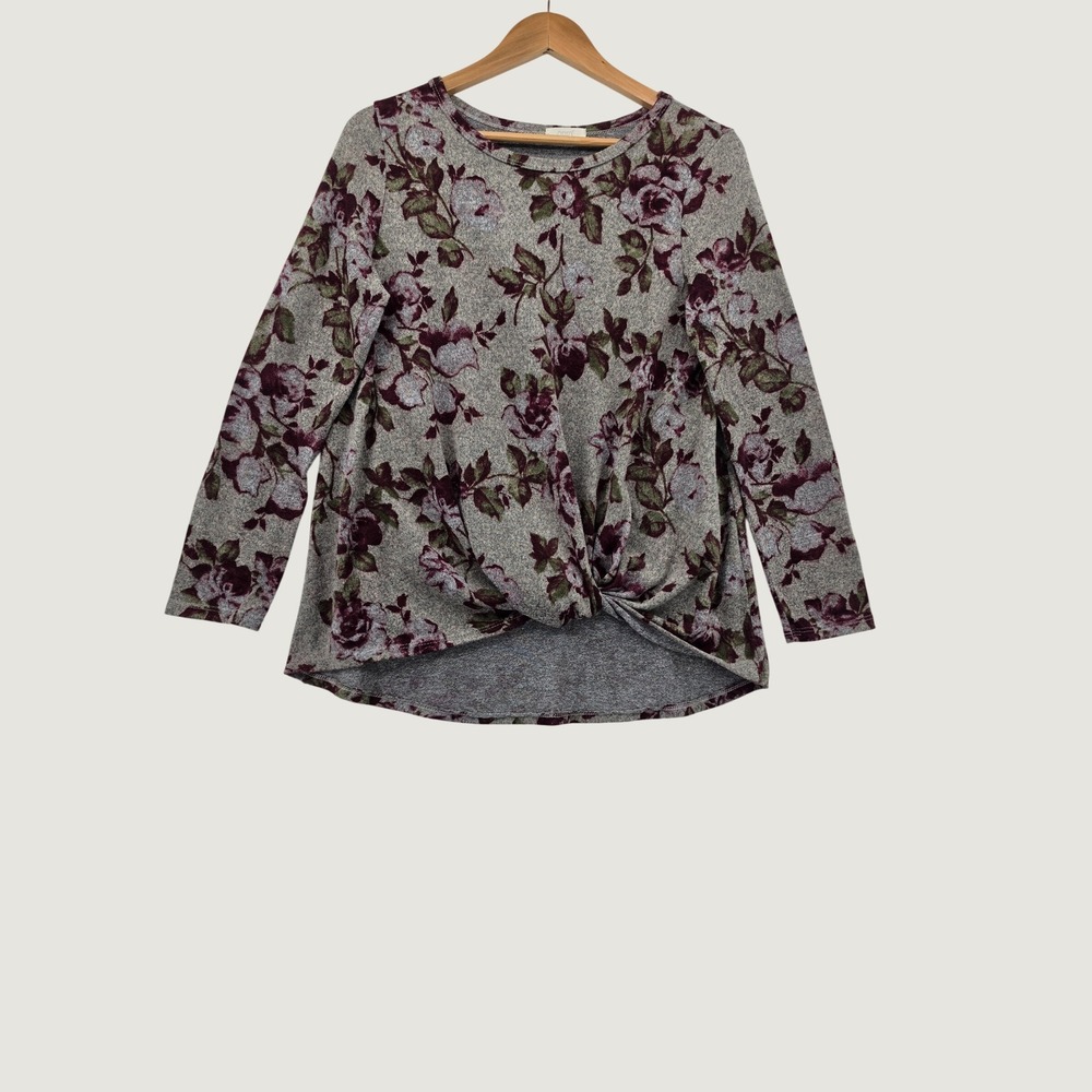 Oddi Floral Twist Front Top Long Sleeve Heathered Knit Blouse Gray Burgundy M